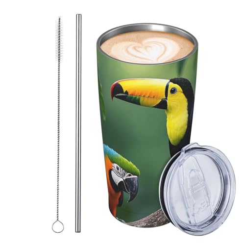 JKASDTRP Thermobecher aus Edelstahl, 590 ml, auslaufsicher, Reise-Kaffeetasse mit Deckel und Strohhalm, Aras und Tukane, Geschenke für Frauen, Männer, Liebhaber von JKASDTRP