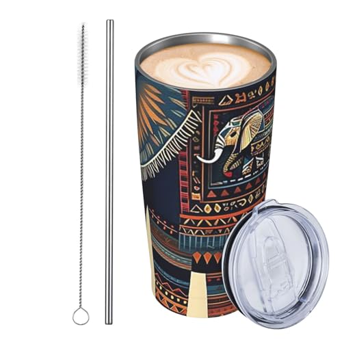 JKASDTRP Thermobecher aus Edelstahl, 590 ml, auslaufsicher, Reise-Kaffeetasse mit Deckel und Strohhalm, Azteken-Elefant, Geschenke für Frauen, Männer, Liebhaber von JKASDTRP