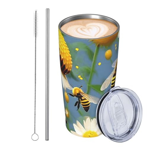 JKASDTRP Thermobecher aus Edelstahl, 590 ml, auslaufsicher, Reise-Kaffeetasse mit Deckel und Strohhalm, Biene, fliegendes Getränk, Becher, Geschenke für Frauen, Männer, Liebhaber von JKASDTRP