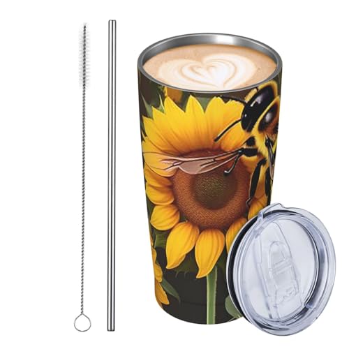 JKASDTRP Thermobecher aus Edelstahl, 590 ml, auslaufsicher, Reise-Kaffeetasse mit Deckel und Strohhalm, Bienen- und Sonnenblumen-Getränkebecher, Geschenke für Frauen, Männer, Liebhaber JKASDTRP Thermobecher aus Edelstahl, 590 ml, auslaufsicher, Reise-Kaffeetasse mit Deckel und Strohhalm, Bienen- und Sonnenblumen-Getränkebecher, Geschenke für Frauen, Männer, Liebhaber von JKASDTRP