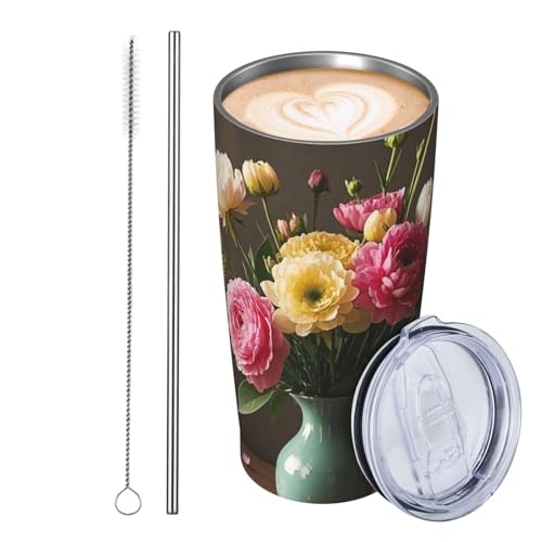 JKASDTRP Thermobecher aus Edelstahl, 590 ml, auslaufsicher, Reise-Kaffeetasse mit Deckel und Strohhalm, Blumenvase, Blumengetränke, Becher, Geschenke für Frauen, Männer, Liebhaber von JKASDTRP
