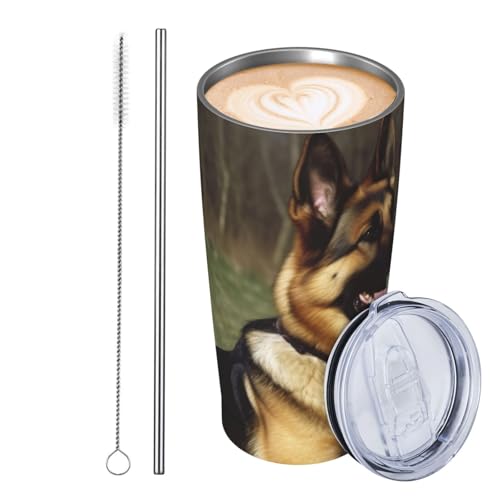 JKASDTRP Thermobecher aus Edelstahl, 590 ml, auslaufsicher, Reise-Kaffeetasse mit Deckel und Strohhalm, Deutscher Schäferhund, Geschenk für Frauen, Männer, Liebhaber von JKASDTRP