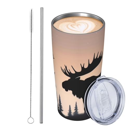 JKASDTRP Thermobecher aus Edelstahl, 590 ml, auslaufsicher, Reise-Kaffeetasse mit Deckel und Strohhalm, Elch, Bergkiefer, Wildnis, Trinkbecher, Geschenke für Frauen, Männer, Liebhaber von JKASDTRP