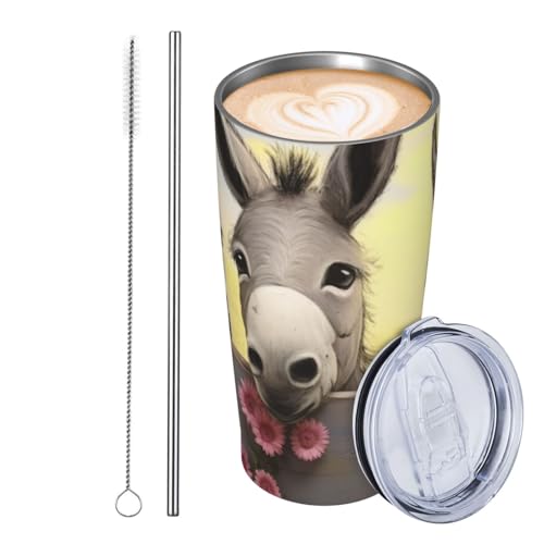 JKASDTRP Thermobecher aus Edelstahl, 590 ml, auslaufsicher, Reise-Kaffeetasse mit Deckel und Strohhalm, Esel und Blume, Geschenke für Frauen, Männer, Liebhaber JKASDTRP Thermobecher aus Edelstahl, 590 ml, auslaufsicher, Reise-Kaffeetasse mit Deckel und Strohhalm, Esel und Blume, Geschenke für Frauen, Männer, Liebhaber von JKASDTRP