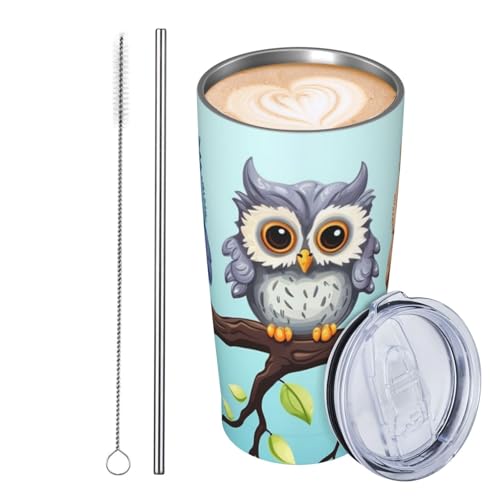 JKASDTRP Thermobecher aus Edelstahl, 590 ml, auslaufsicher, Reise-Kaffeetasse mit Deckel und Strohhalm, Eulen auf einem Ast, Getränkebecher, Geschenke für Frauen, Männer, Liebhaber von JKASDTRP