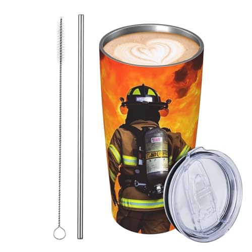 JKASDTRP Thermobecher aus Edelstahl, 590 ml, auslaufsicher, Reise-Kaffeetasse mit Deckel und Strohhalm, Feuerwehrmann, Flammen-Getränke, Geschenke für Frauen, Männer, Liebhaber von JKASDTRP