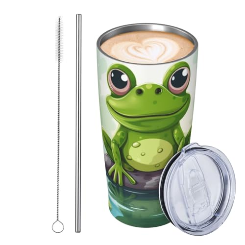 JKASDTRP Thermobecher aus Edelstahl, 590 ml, auslaufsicher, Reise-Kaffeetasse mit Deckel und Strohhalm, Frosch im Teich, Trinkbecher, Geschenke für Frauen, Männer, Liebhaber von JKASDTRP