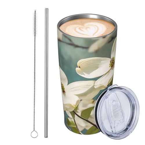 JKASDTRP Thermobecher aus Edelstahl, 590 ml, auslaufsicher, Reise-Kaffeetasse mit Deckel und Strohhalm, Frühlings-Hartriegelblüten, Trinkbecher, Geschenke für Frauen, Männer, Liebhaber von JKASDTRP