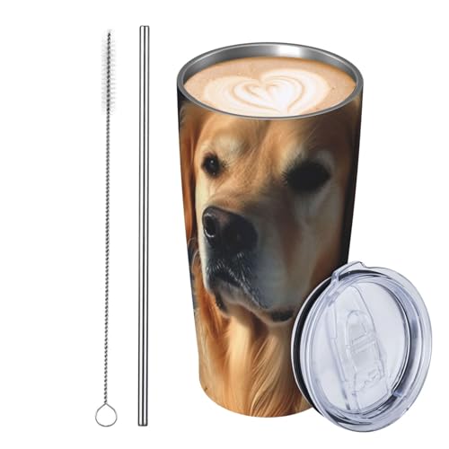 JKASDTRP Thermobecher aus Edelstahl, 590 ml, auslaufsicher, Reise-Kaffeetasse mit Deckel und Strohhalm, Golden Retriever, Trinkbecher, Geschenke für Frauen, Männer, Liebhaber von JKASDTRP