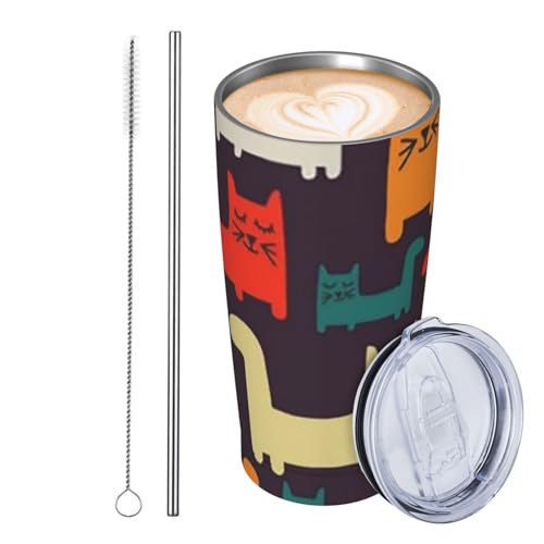JKASDTRP Thermobecher aus Edelstahl, 590 ml, auslaufsicher, Reise-Kaffeetasse mit Deckel und Strohhalm, Katzen-Illustration, Trinkbecher, Geschenke für Frauen, Männer, Liebhaber von JKASDTRP