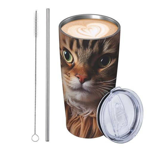 JKASDTRP Thermobecher aus Edelstahl, 590 ml, auslaufsicher, Reise-Kaffeetasse mit Deckel und Strohhalm, Katzen-Trinkbecher, Geschenke für Frauen, Männer, Liebhaber von JKASDTRP