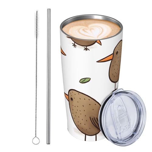 JKASDTRP Thermobecher aus Edelstahl, 590 ml, auslaufsicher, Reise-Kaffeetasse mit Deckel und Strohhalm, Kiwi-Vögel, niedliche Trinkbecher, Geschenke für Frauen, Männer, Liebhaber von JKASDTRP
