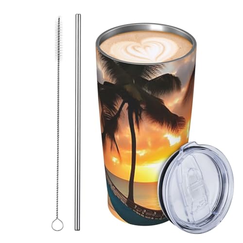 JKASDTRP Thermobecher aus Edelstahl, 590 ml, auslaufsicher, Reise-Kaffeetasse mit Deckel und Strohhalm, Kokosnuss, Strand, Sonnenuntergang, Hängematte, Getränkebecher, Geschenke für Frauen, Männer von JKASDTRP