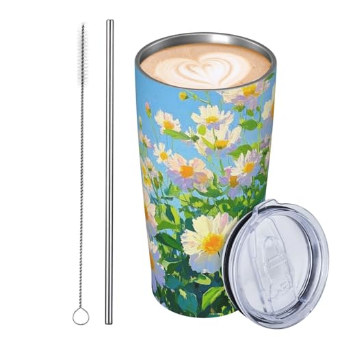 JKASDTRP Thermobecher aus Edelstahl, 590 ml, auslaufsicher, Reise-Kaffeetasse mit Deckel und Strohhalm, Kunstblumen, Sommergetränk, Becher, Geschenke für Frauen, Männer, Liebhaber von JKASDTRP