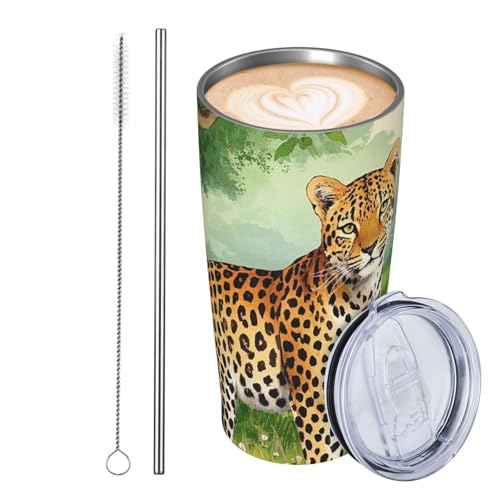JKASDTRP Thermobecher aus Edelstahl, 590 ml, auslaufsicher, Reise-Kaffeetasse mit Deckel und Strohhalm, Leopardenmuster, Aquarell, Landgetränkebecher, Geschenke für Frauen, Männer, Liebhaber von JKASDTRP