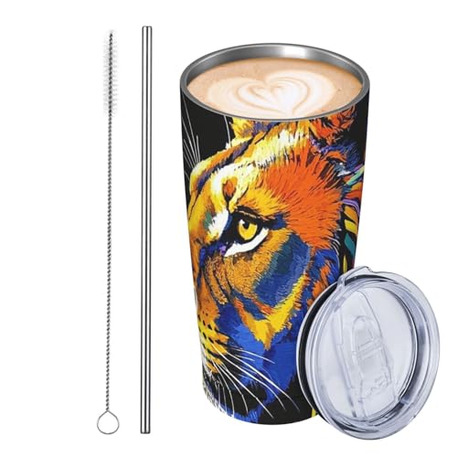 JKASDTRP Thermobecher aus Edelstahl, 590 ml, auslaufsicher, Reise-Kaffeetasse mit Deckel und Strohhalm, Löwengesicht, Farblinie, Sense, Trinkbecher, Geschenke für Frauen, Männer, Liebhaber von JKASDTRP
