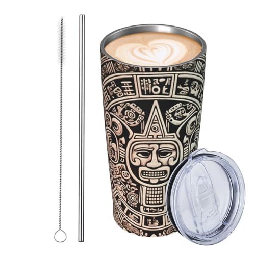 JKASDTRP Thermobecher aus Edelstahl, 590 ml, auslaufsicher, Reise-Kaffeetasse mit Deckel und Strohhalm, Maya-Kalender, Geschenk für Frauen, Männer, Liebhaber von JKASDTRP
