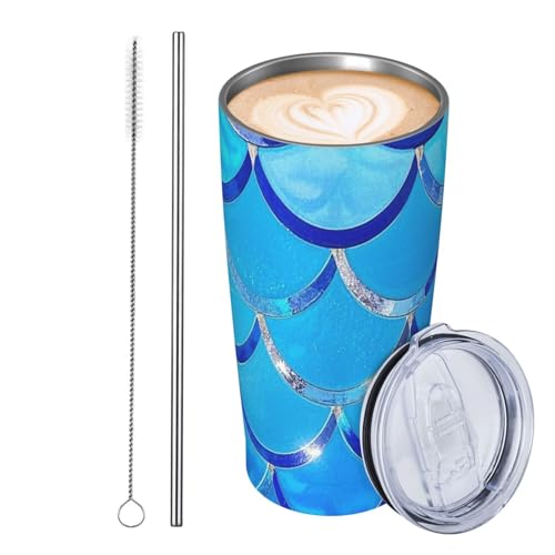 JKASDTRP Thermobecher aus Edelstahl, 590 ml, auslaufsicher, Reise-Kaffeetasse mit Deckel und Strohhalm, Meerjungfrauenschuppe, Geschenk für Frauen, Männer, Liebhaber von JKASDTRP