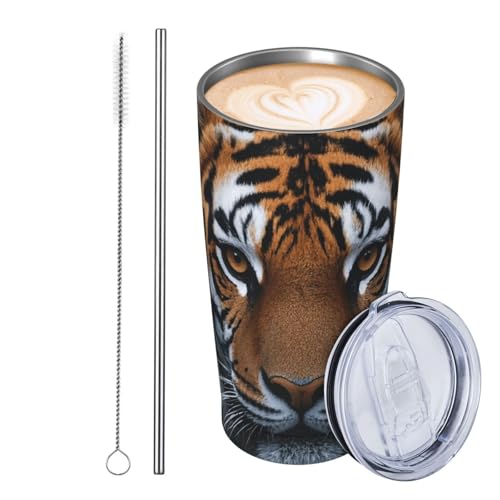 JKASDTRP Thermobecher aus Edelstahl, 590 ml, auslaufsicher, Reise-Kaffeetasse mit Deckel und Strohhalm, Mighty Tiger, Nudelgetränke, Geschenke für Frauen, Männer, Liebhaber von JKASDTRP