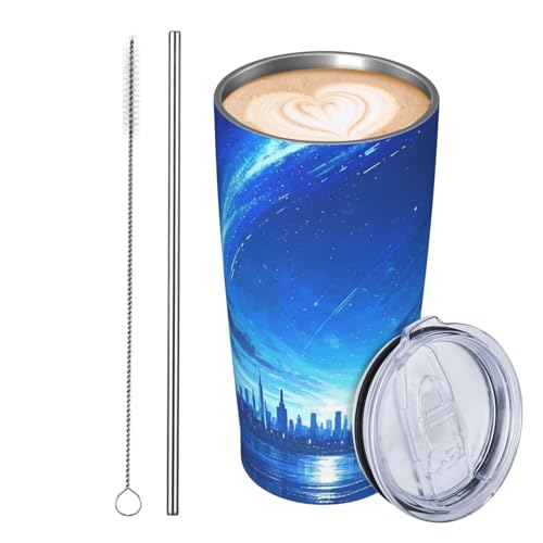JKASDTRP Thermobecher aus Edelstahl, 590 ml, auslaufsicher, Reise-Kaffeetasse mit Deckel und Strohhalm, Mitternachtsglühen, Geschenke für Frauen, Männer, Liebhaber von JKASDTRP