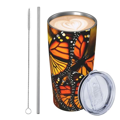 JKASDTRP Thermobecher aus Edelstahl, 590 ml, auslaufsicher, Reise-Kaffeetasse mit Deckel und Strohhalm, Monarch-Schmetterlinge, Trinkbecher, Geschenke für Frauen, Männer, Liebhaber von JKASDTRP