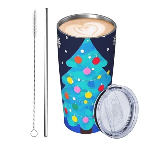 JKASDTRP Thermobecher aus Edelstahl, 590 ml, auslaufsicher, Reise-Kaffeetasse mit Deckel und Strohhalm, Motiv: Frohe Weihnachten, blaues Baummuster, Trinkbecher, Geschenke für Frauen, Männer von JKASDTRP