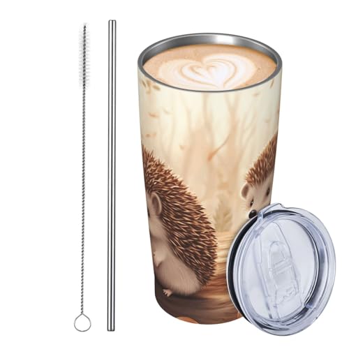 JKASDTRP Thermobecher aus Edelstahl, 590 ml, auslaufsicher, Reise-Kaffeetasse mit Deckel und Strohhalm, Natur, schöner Igel-Liebhaber, Trinkbecher, Geschenke für Frauen, Männer, Liebhaber von JKASDTRP