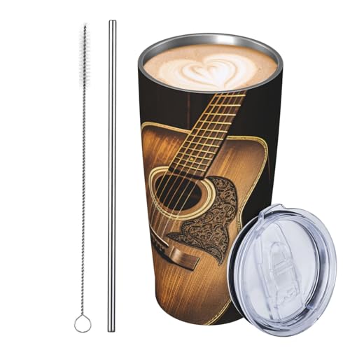 JKASDTRP Thermobecher aus Edelstahl, 590 ml, auslaufsicher, Reise-Kaffeetasse mit Deckel und Strohhalm, Old West Gitarre, Trinkbecher, Geschenke für Frauen, Männer, Liebhaber von JKASDTRP