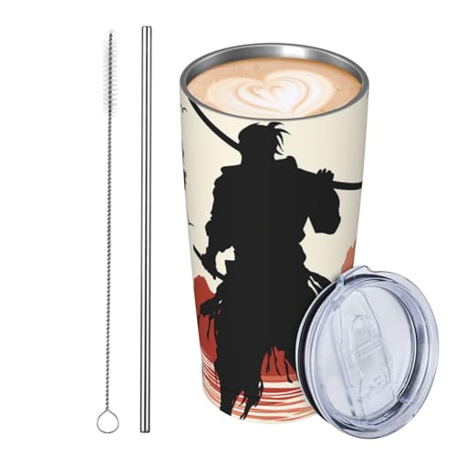 JKASDTRP Thermobecher aus Edelstahl, 590 ml, auslaufsicher, Reise-Kaffeetasse mit Deckel und Strohhalm, Samurai-Getränkebecher, Geschenke für Frauen, Männer, Liebhaber von JKASDTRP