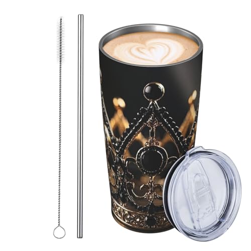 JKASDTRP Thermobecher aus Edelstahl, 590 ml, auslaufsicher, Reise-Kaffeetasse mit Deckel und Strohhalm, Schwarz und Gold, Kronenmuster, Geschenke für Frauen, Männer, Liebhaber von JKASDTRP