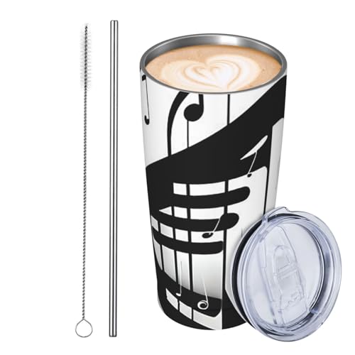 JKASDTRP Thermobecher aus Edelstahl, 590 ml, auslaufsicher, Reise-Kaffeetasse mit Deckel und Strohhalm, Schwarz und Weiß, Musiknoten, Trinkbecher, Geschenke für Frauen, Männer, Liebhaber von JKASDTRP