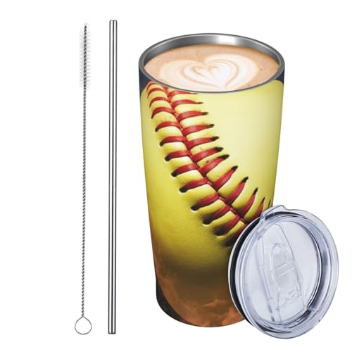 JKASDTRP Thermobecher aus Edelstahl, 590 ml, auslaufsicher, Reise-Kaffeetasse mit Deckel und Strohhalm, Softball-Getränkebecher, Geschenke für Frauen, Männer, Liebhaber von JKASDTRP