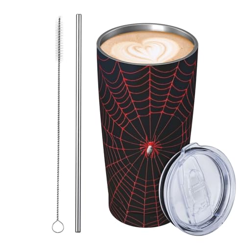 JKASDTRP Thermobecher aus Edelstahl, 590 ml, auslaufsicher, Reise-Kaffeetasse mit Deckel und Strohhalm, Spinnennetz, Rot, Geschenke für Frauen, Männer, Liebhaber von JKASDTRP