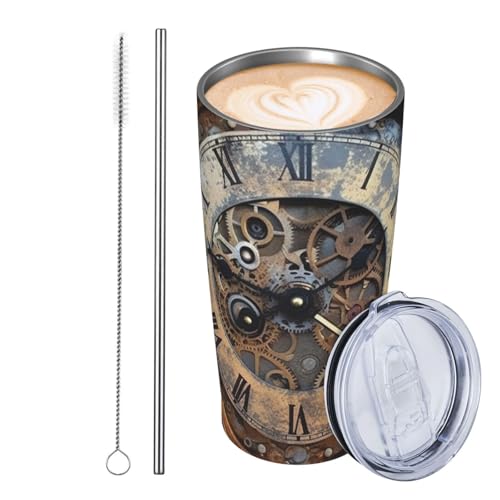 JKASDTRP Thermobecher aus Edelstahl, 590 ml, auslaufsicher, Reise-Kaffeetasse mit Deckel und Strohhalm, Steampunk-Uhr, Trinkbecher, Geschenke für Frauen, Männer, Liebhaber von JKASDTRP