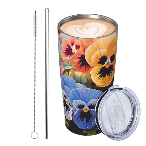 JKASDTRP Thermobecher aus Edelstahl, 590 ml, auslaufsicher, Reise-Kaffeetasse mit Deckel und Strohhalm, Stiefmütterchen-Blumen, Trinkbecher, Geschenke für Frauen, Männer, Liebhaber von JKASDTRP