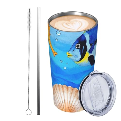 JKASDTRP Thermobecher aus Edelstahl, 590 ml, auslaufsicher, Reise-Kaffeetasse mit Deckel und Strohhalm, Strandstimmung, Aquarell-Getränkebecher, Geschenke für Frauen, Männer, Liebhaber von JKASDTRP