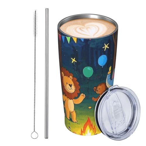 JKASDTRP Thermobecher aus Edelstahl, 590 ml, auslaufsicher, Reise-Kaffeetasse mit Deckel und Strohhalm, Tier-Party-Thema, Trinkbecher, Geschenke für Frauen, Männer, Liebhaber von JKASDTRP