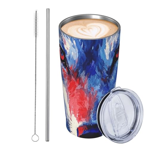 JKASDTRP Thermobecher aus Edelstahl, 590 ml, auslaufsicher, Reise-Kaffeetasse mit Deckel und Strohhalm, Wasserfarben, Blau und Rot, Wolfsgesicht, Geschenke für Frauen, Männer, Liebhaber JKASDTRP Thermobecher aus Edelstahl, 590 ml, auslaufsicher, Reise-Kaffeetasse mit Deckel und Strohhalm, Wasserfarben, Blau und Rot, Wolfsgesicht, Geschenke für Frauen, Männer, Liebhaber von JKASDTRP