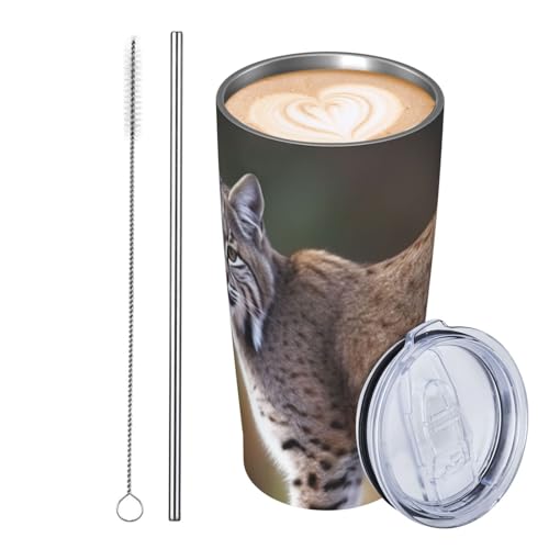 JKASDTRP Thermobecher aus Edelstahl, 590 ml, auslaufsicher, Reise-Kaffeetasse mit Deckel und Strohhalm, Wildbobcat-Getränke, Becher für Frauen, Männer, Liebhaber von JKASDTRP