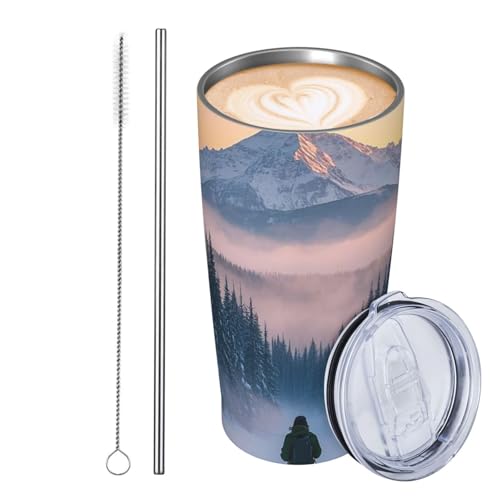 JKASDTRP Thermobecher aus Edelstahl, 590 ml, auslaufsicher, Reise-Kaffeetasse mit Deckel und Strohhalm, Winter-Skiszene, Trinkbecher, Geschenke für Frauen, Männer, Liebhaber von JKASDTRP
