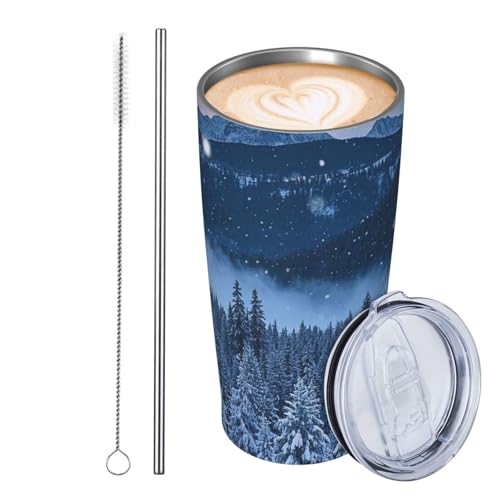 JKASDTRP Thermobecher aus Edelstahl, 590 ml, auslaufsicher, Reise-Kaffeetasse mit Deckel und Strohhalm, Winter-Wunderland-Thema, Schneeflocken-Motiv, Geschenke für Frauen, Männer, Liebhaber von JKASDTRP
