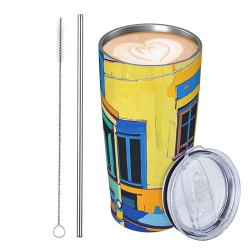 JKASDTRP Thermobecher aus Edelstahl, 590 ml, auslaufsicher, Reise-Kaffeetasse mit Deckel und Strohhalm, abstrakter Stil, Ölgemälde, Getränkebecher, Geschenke für Frauen, Männer, Liebhaber von JKASDTRP