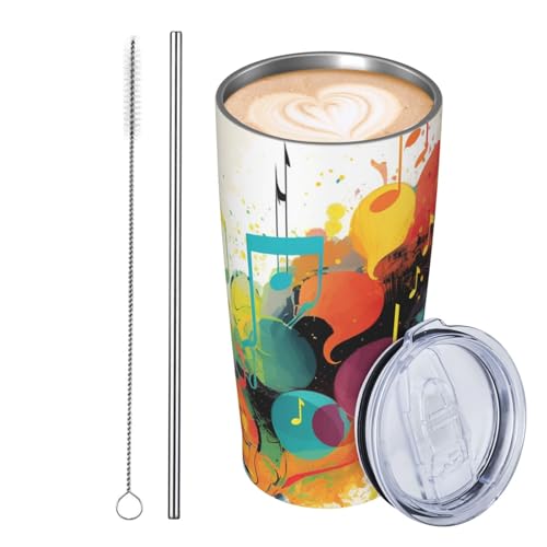 JKASDTRP Thermobecher aus Edelstahl, 590 ml, auslaufsicher, Reise-Kaffeetasse mit Deckel und Strohhalm, abstraktes Musik-Thema, Geschenke für Frauen, Männer, Liebhaber von JKASDTRP