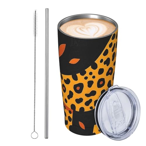 JKASDTRP Thermobecher aus Edelstahl, 590 ml, auslaufsicher, Reise-Kaffeetasse mit Deckel und Strohhalm, abstraktes afrikanisches Tier, Leopardenmuster, Wildtiere, Trinkbecher, Geschenke für Frauen von JKASDTRP