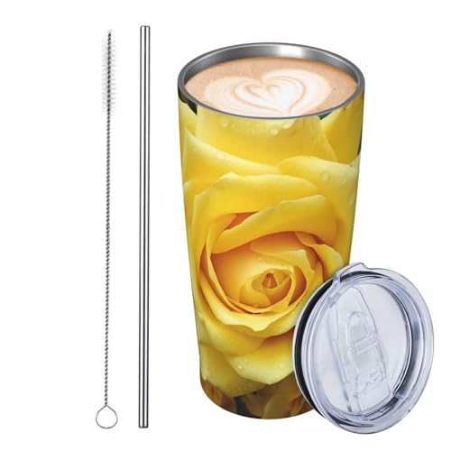 JKASDTRP Thermobecher aus Edelstahl, 590 ml, auslaufsicher, Reise-Kaffeetasse mit Deckel und Strohhalm, anmutige gelbe Rose, Blume, Trinkbecher, Geschenke für Frauen, Männer, Liebhaber von JKASDTRP