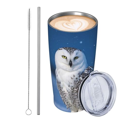 JKASDTRP Thermobecher aus Edelstahl, 590 ml, auslaufsicher, Reise-Kaffeetasse mit Deckel und Strohhalm, arktische Eule, Geschenke für Frauen, Männer, Liebhaber JKASDTRP Thermobecher aus Edelstahl, 590 ml, auslaufsicher, Reise-Kaffeetasse mit Deckel und Strohhalm, arktische Eule, Geschenke für Frauen, Männer, Liebhaber von JKASDTRP