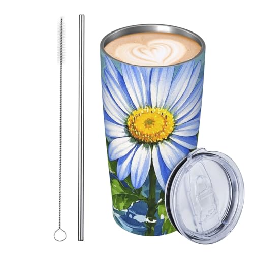 JKASDTRP Thermobecher aus Edelstahl, 590 ml, auslaufsicher, Reise-Kaffeetasse mit Deckel und Strohhalm, blaue Blume, Aquarellfarben, Gänseblümchen, Geschenke für Frauen, Männer, Liebhaber JKASDTRP Thermobecher aus Edelstahl, 590 ml, auslaufsicher, Reise-Kaffeetasse mit Deckel und Strohhalm, blaue Blume, Aquarellfarben, Gänseblümchen, Geschenke für Frauen, Männer, Liebhaber von JKASDTRP