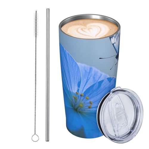 JKASDTRP Thermobecher aus Edelstahl, 590 ml, auslaufsicher, Reise-Kaffeetasse mit Deckel und Strohhalm, blaue Blume, Schmetterling, Trinkbecher, Geschenke für Frauen, Männer, Liebhaber von JKASDTRP