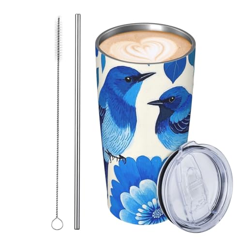 JKASDTRP Thermobecher aus Edelstahl, 590 ml, auslaufsicher, Reise-Kaffeetasse mit Deckel und Strohhalm, blaue Blume, Vogel, Trinkbecher, Geschenke für Frauen, Männer, Liebhaber von JKASDTRP