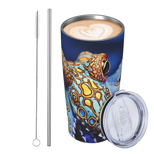 JKASDTRP Thermobecher aus Edelstahl, 590 ml, auslaufsicher, Reise-Kaffeetasse mit Deckel und Strohhalm, blaue Ringe, Oktopus-Getränkebecher, Geschenke für Frauen, Männer, Liebhaber von JKASDTRP